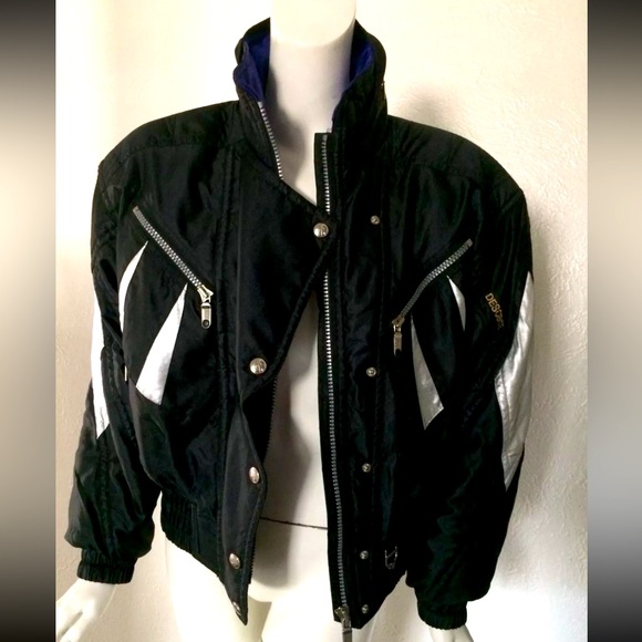 Descente Ski Winter Moto Hooded Jacket Black Silver Women’s 8 Made In Japan VTG